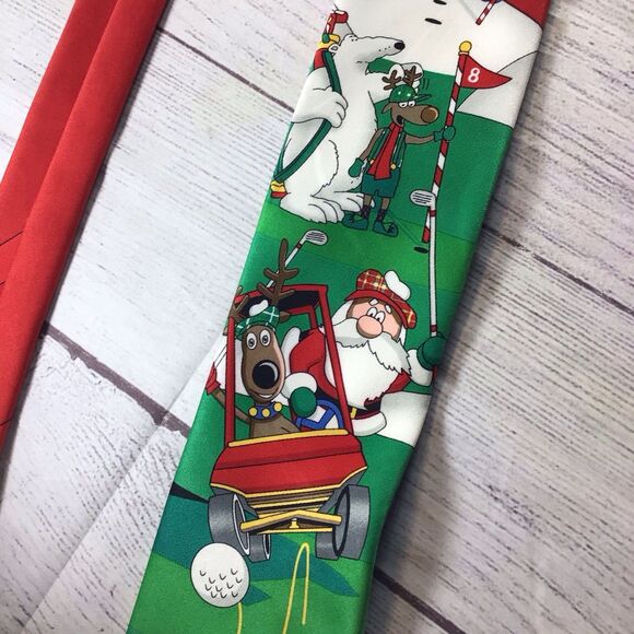 Vintage Hallmark Holiday Traditions Red Green Santa Reindeer Golf Tie - Picture 3 of 14